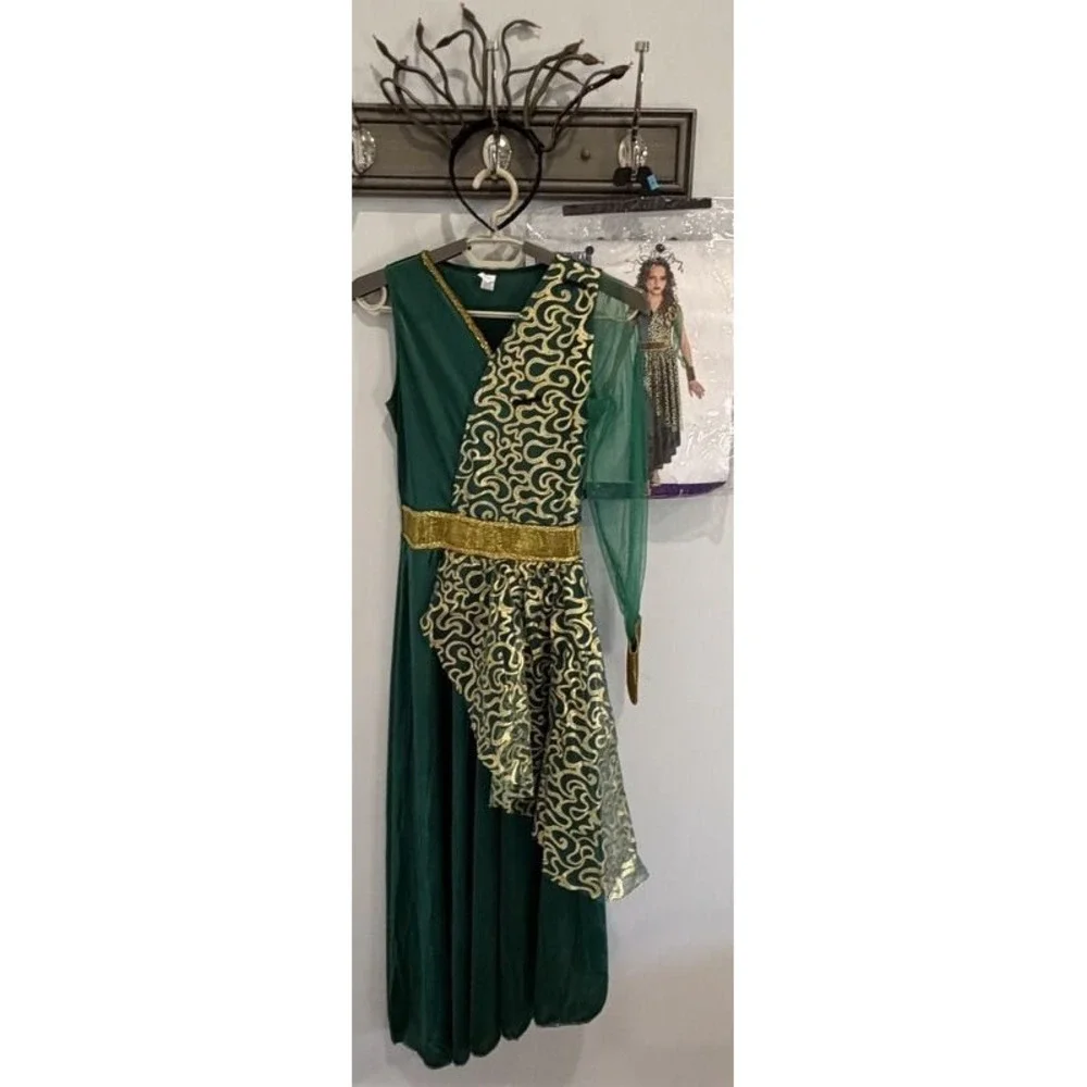 Medusa Girls Halloween Costume Green Gold Dress and Snake Headband Set L 12 14